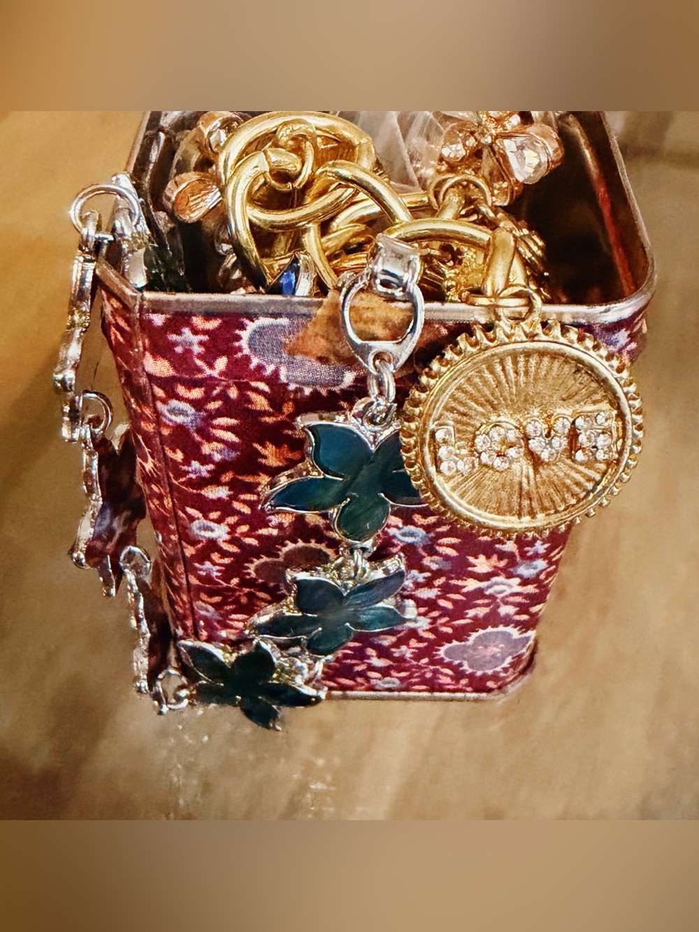 Tiny Floral Tin Box Stuffed Full of Jewelry